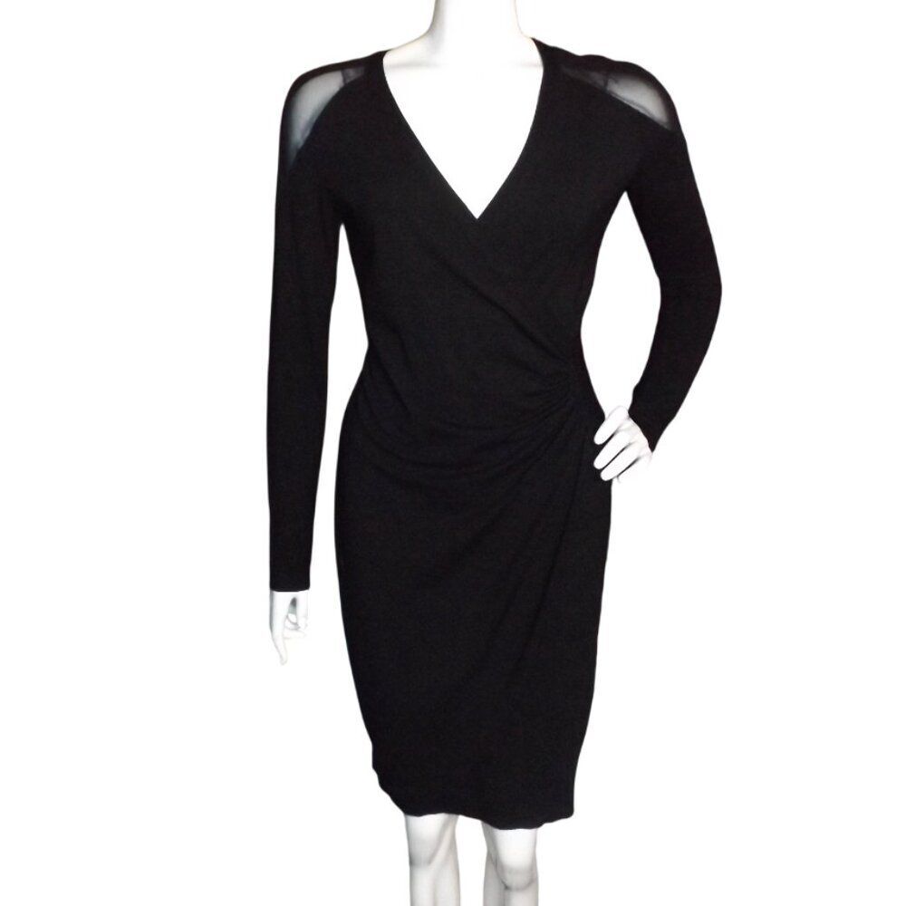 CACHE Dress, M, Black, Sheer Mesh Cutout, Gathered waist, Long sleeves, Rayon